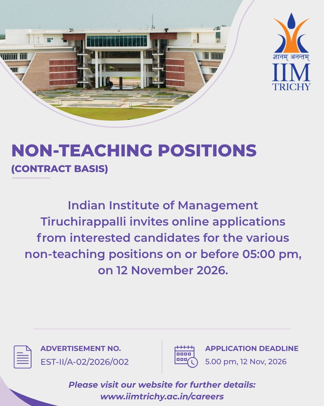 Non-Teaching Positions on A Contract Basis at IIM Tiruchirappalli (Adv No. Est-II/A-02/2026/02)